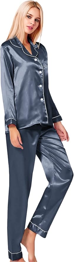 SWOMOG Womens Silk Satin Pajamas Set Long Sleeve Button Down Sleepwear 2 Piece Lounge Set Pj Set XS-3XL