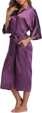 Women's Silk Robes Soft Long Satin Kimono Bathrobe Bride Bridesmaid Wedding Party Robes Sexy Sleepwear with Pockets