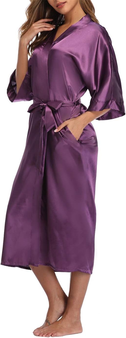 Women's Silk Robes Soft Long Satin Kimono Bathrobe Bride Bridesmaid Wedding Party Robes Sexy Sleepwear with Pockets