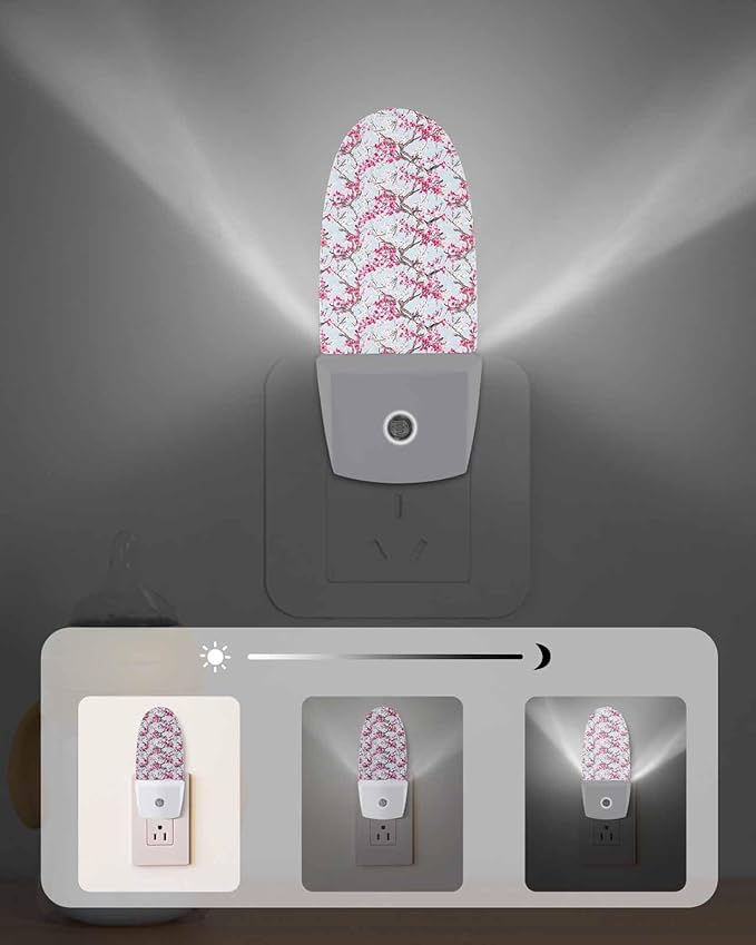 Spring White Pink Flowers Peaches Night Light Plug into Wall, Watercolor Chinese Wind Popsicle Shape Night Light Nightlight with Light Sensors for Kids Bedroom Hallway