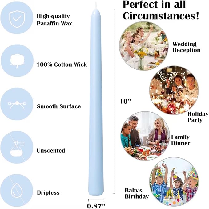 12-Pack Ice Blue Taper Candles, 10 Inch Unscented Dripless Candlesticks, Long-Lasting Burn Time of 7-8 Hours, Perfect for Home Décor Weddings Babyshower and Events