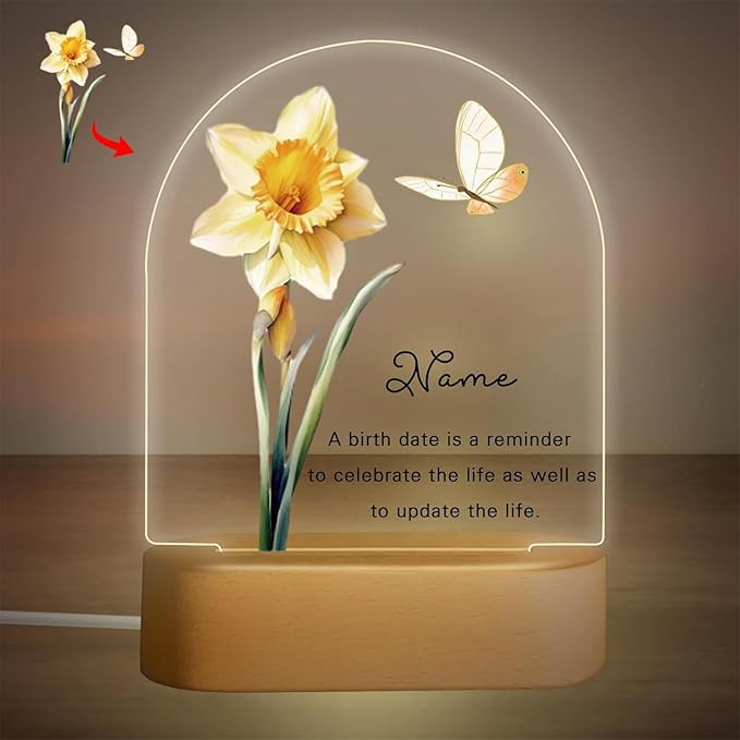 Personalized Birthday Gifts Acrylic Night Light Lamp Customized Birth Month Flower and Name Plaque Gifts for Women Mom from Daughter Son