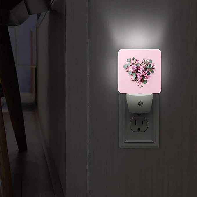 Roses Night Lights Plug Into Wall, Floral Romantic Eucalyptus Heart Shape Spring Peach Compact Plug in Outlet Night Light Led Lamp for Entryway Garage Stairs Decor 1pcs