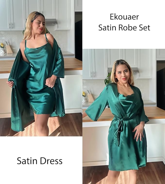 Ekouaer Women's Satin Robe Set Nightgown with Robes Silk Pajama Set 2 Pieces Lingerie Cowl Neck Cami Sleepwear Sets