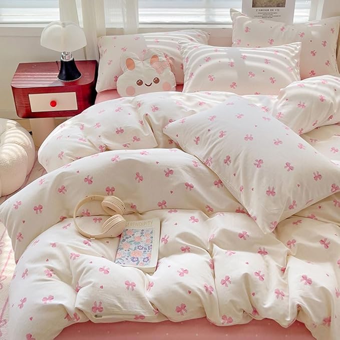 Nayoroom Pink Bow Duvet Cover Full Size Heart Bows Printed Coquette Bedding Set 3 Pcs Kids Girls Cute Comforter Cover with Zipper Closure Soft Breathable Microfiber