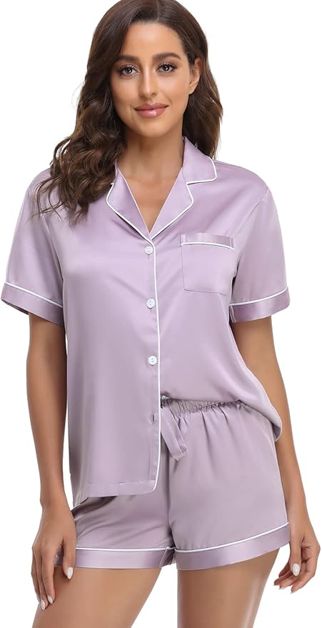 Serenedelicacy Women's Satin Pajama Set 2-Piece Sleepwear Loungewear Button Down Short Sleeve Silky PJ Set