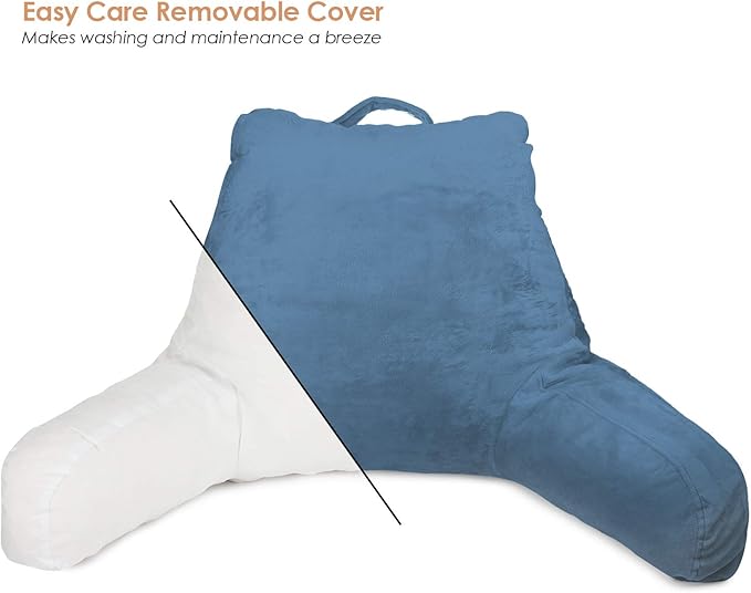 Clara Clark Reading Pillow with Shredded Memory Foam for Sitting Up in Bed and Couch, Back and Arms Adjustable Support for Adults & Teens Backrest Pillows for Reading, with Washable Cover Blue Heaven
