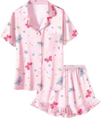 Umeyda Girls & Women Satin Pajamas Set Button Down 2 Piece Silk Pjs Shorts Set Ruffle Sleepwear, 5 Years-Women L