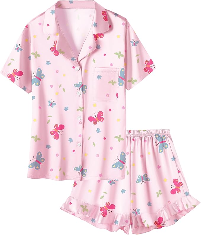 Umeyda Girls & Women Satin Pajamas Set Button Down 2 Piece Silk Pjs Shorts Set Ruffle Sleepwear, 5 Years-Women L