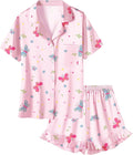 Umeyda Girls & Women Satin Pajamas Set Button Down 2 Piece Silk Pjs Shorts Set Ruffle Sleepwear, 5 Years-Women L