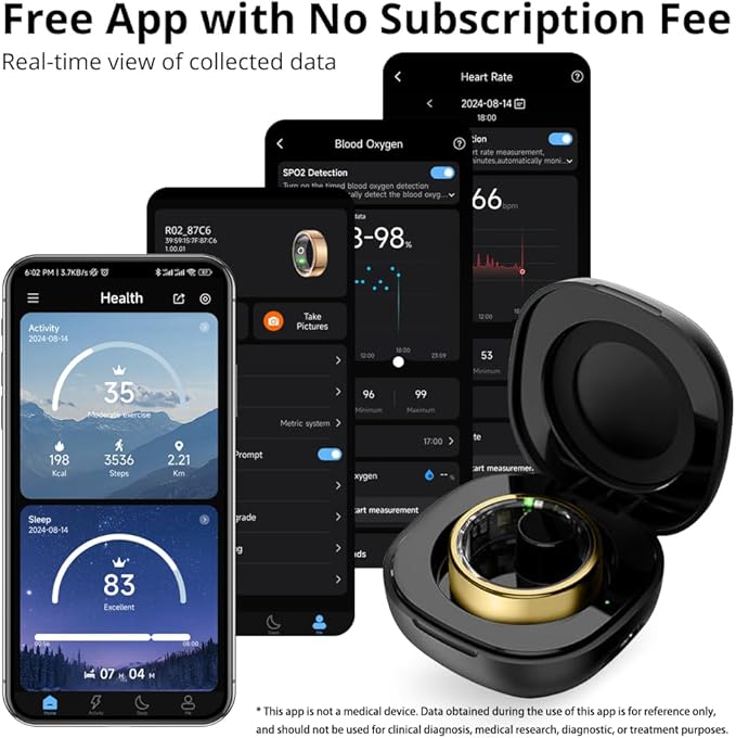 COLMI R02 smart Ring, a smart Ring for Women and Men, with a Charging case, Supports Heart Rate, Blood Oxygen, Sleep Health Monitoring, and Sports Tracking Ring, No Subscription Fee. (Gold, 7#)