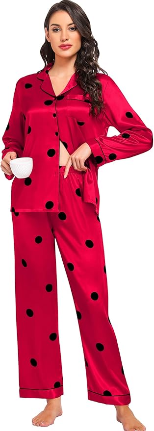SWOMOG Womens Silk Satin Pajamas Set Long Sleeve Button Down Sleepwear 2 Piece Lounge Set Pj Set XS-3XL