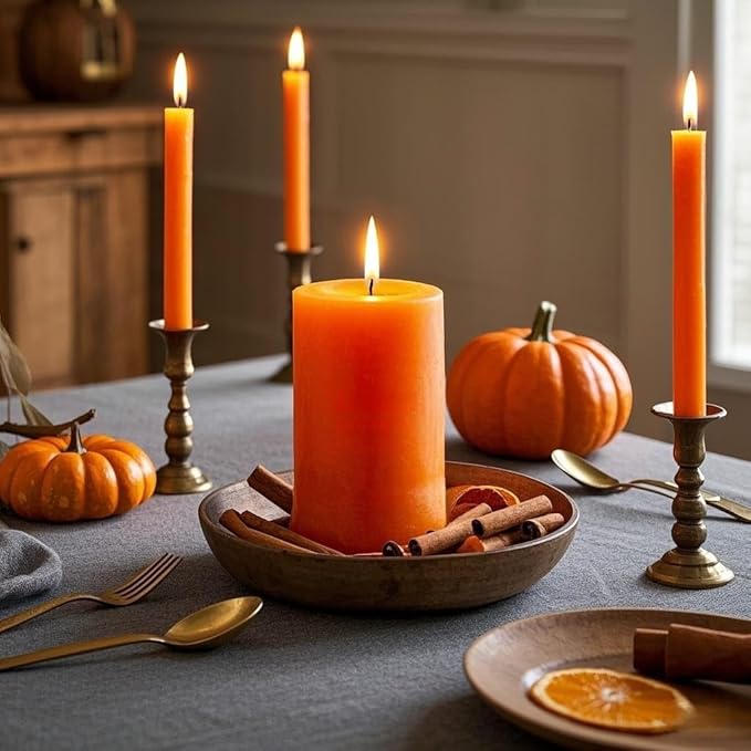 12-Pack Neon Orange Taper Candles, 10 Inch Unscented Dripless Candlesticks, Long-Lasting Burn Time of 7-8 Hours, Perfect for Fall Harvest Halloween Thanksgiving Dinners Parties and Home Décor