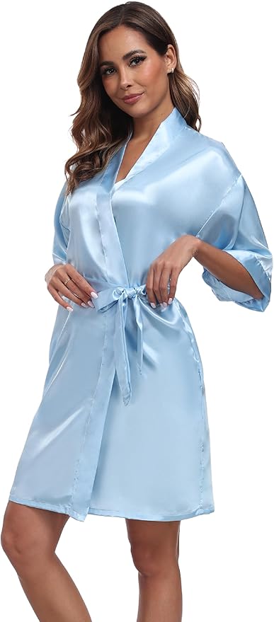 Women's Short Satin Robes Silky Bathrobe Bridesmaid Sleepwear for Wedding Party Getting Ready Solid Color