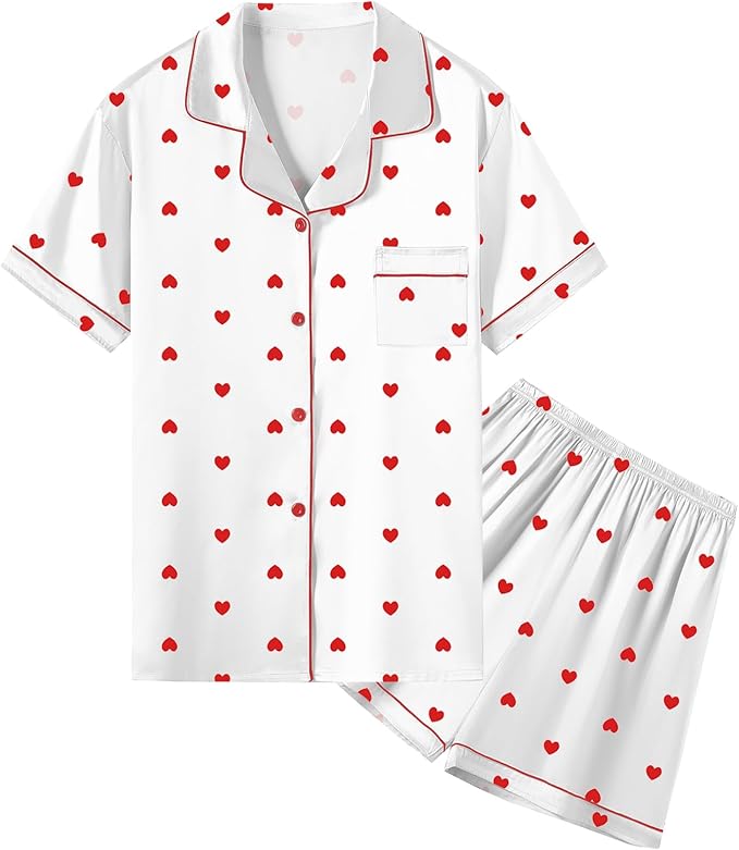 Umeyda Women & Girls Pajamas Set, Soft Satin Lightweight Silk Button-Down Top with Shorts 2 Piece PJS for Mom Boys Kids Gifts