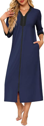 Ekouaer Women's Zipper Robe 3/4 Sleeves Housecoat Full Length Nightgown Soft Loungewear Robe with Pockets S-3XL