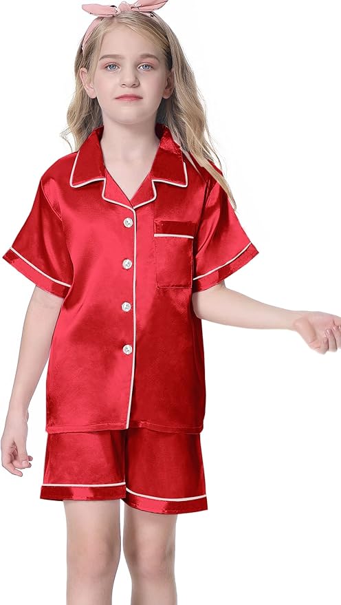 Umeyda Women & Girls Pajamas Set, Soft Satin Lightweight Silk Button-Down Top with Shorts 2 Piece PJS for Mom Boys Kids Gifts