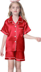 Umeyda Women & Girls Pajamas Set, Soft Satin Lightweight Silk Button-Down Top with Shorts 2 Piece PJS for Mom Boys Kids Gifts
