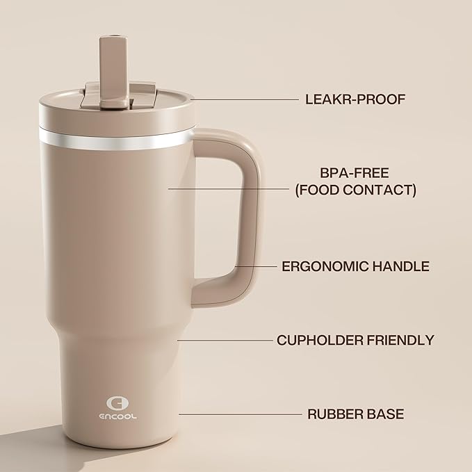 ENCOOL 32 oz Tumbler with Handle and Straw: Stainless Steel Insulated Tumbler Keeps Cold for 24 Hours, Leakproof Travel Cup Fits in Cup Holder and BPA-Free,Raw Umber