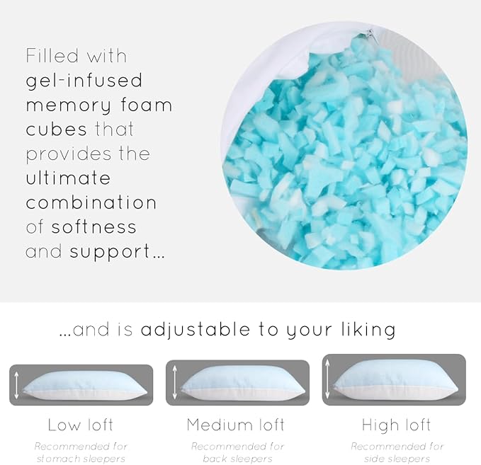 pillosophy Original Adjustable Loft Pillow • Gel-Infused Shredded Memory Foam Fill • Dual-Sided Washable Cooling Cover • Perfect for Back, Side, Stomach Sleepers (Queen Size, 1-pack)