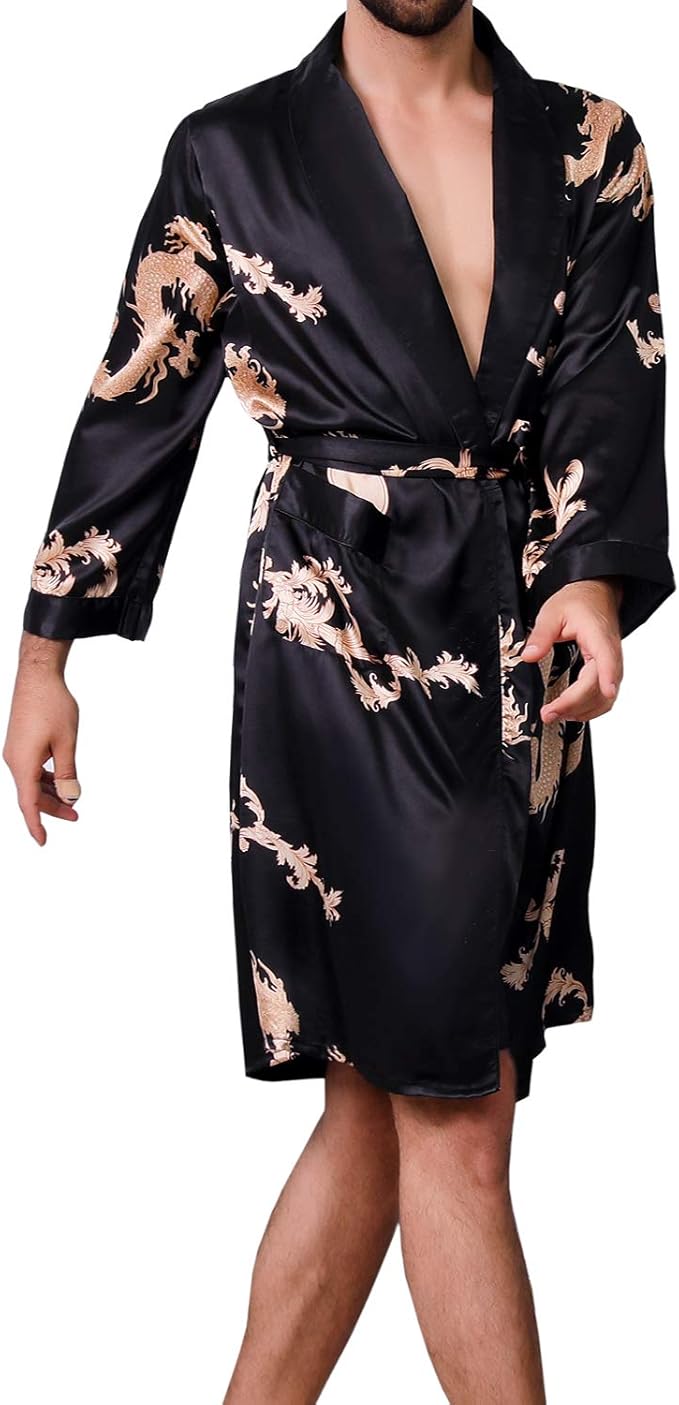 Mens Satin Robe,Silk Long Sleeve House Kimono Bathrobe,Soft Loungewear Dragon Robe