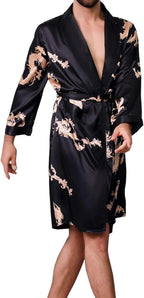 Mens Satin Robe,Silk Long Sleeve House Kimono Bathrobe,Soft Loungewear Dragon Robe