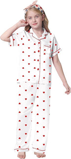 Umeyda Girls Womens Pajamas Set, Satin Silky Button Down Loungewear 2 Piece Short Sleeve Pants PJS Sets for Mommy Kids