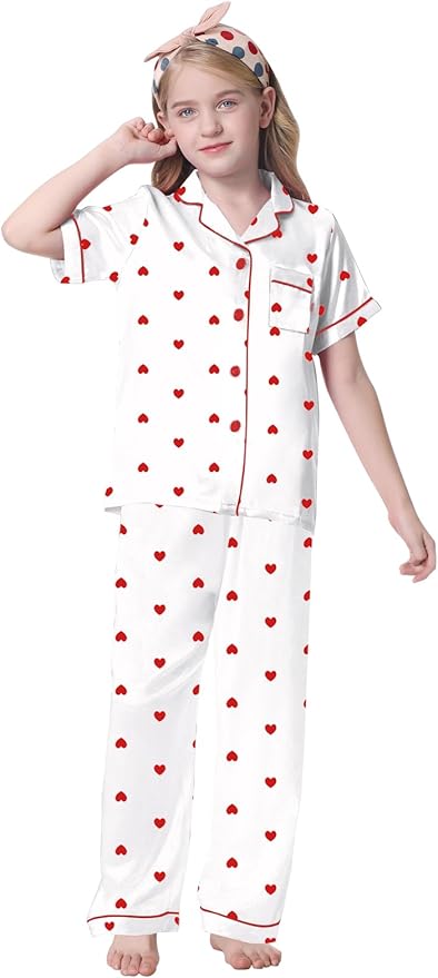 Umeyda Girls Womens Pajamas Set, Satin Silky Button Down Loungewear 2 Piece Short Sleeve Pants PJS Sets for Mommy Kids