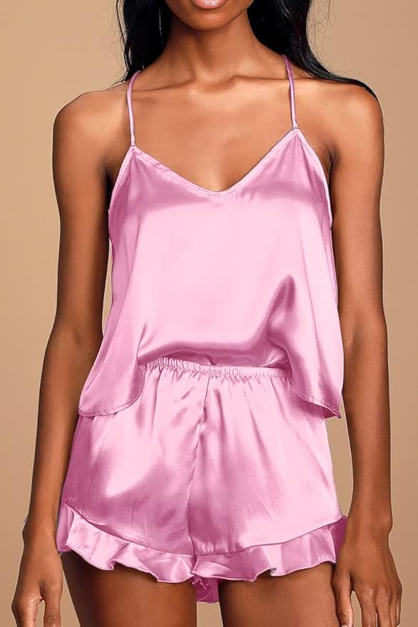CHYRII Women's Sexy Silk Satin Ruffled Pajamas Sets Cami Shorts Sets Sleepwear