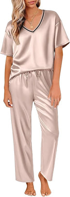 Ekouaer Satin Pajama Set for Women Short Sleeve Silky Pjs 2 Piece Lounge Sets Soft Comfy Sleepwear Loungewear S-XXL