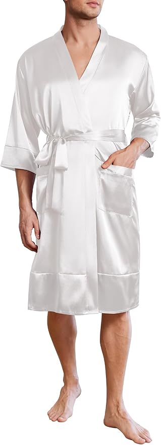 Ekouaer Mens Satin Robe Lightweight Silky Kimono Bathrobe 3/4 Sleeve Spa Knee Length Loungewear with Pockets S-3XL