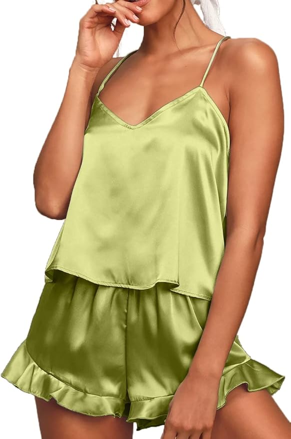 CHYRII Women's Sexy Silk Satin Ruffled Pajamas Sets Cami Shorts Sets Sleepwear