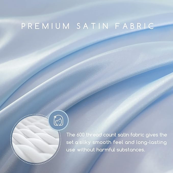 MR&HM Satin Bed Sheets, Twin Size Sheets Set, 3 Pcs Silky Bedding Set with 15 Inches Deep Pocket for Mattress (Twin, Light Blue)