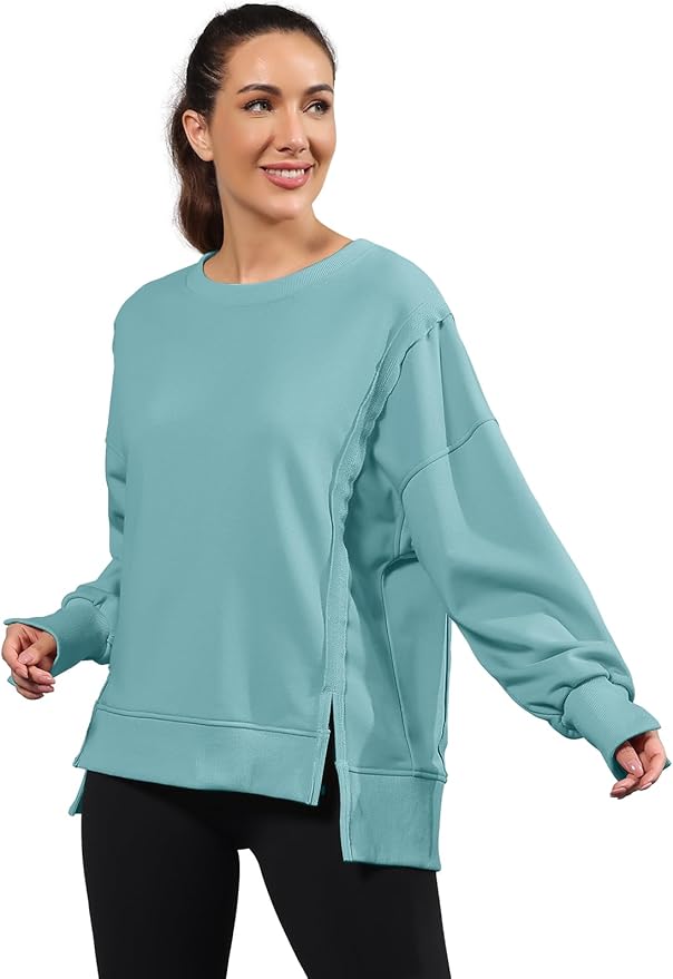Nirovien Womens Oversized Crewneck Sweatshirt Side Slit Long Sleeve Pullover Slouchy Fit Tops