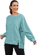 Nirovien Womens Oversized Crewneck Sweatshirt Side Slit Long Sleeve Pullover Slouchy Fit Tops