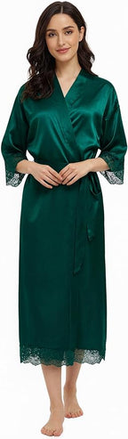 Long Satin Robes for Women Ankle Length Kimono Robes Silky Bridal Party Robes with Lace Trim Bridesmaid Loungewear Sleepwear