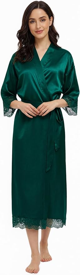Long Satin Robes for Women Ankle Length Kimono Robes Silky Bridal Party Robes with Lace Trim Bridesmaid Loungewear Sleepwear