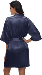 Women's Satin Kimono Robe Wedding Getting Ready Silky Bathrobe Short Bridesmaid Dressing Gown