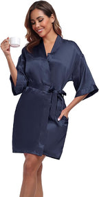 Women's Short Satin Robes Silky Bathrobe Bridesmaid Sleepwear for Wedding Party Getting Ready Solid Color