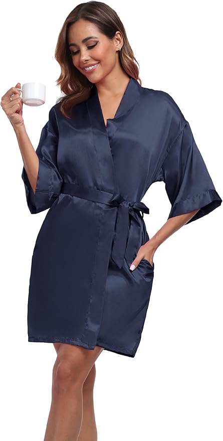 Women's Short Satin Robes Silky Bathrobe Bridesmaid Sleepwear for Wedding Party Getting Ready Solid Color