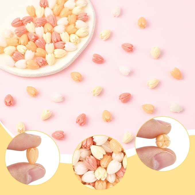 100Pcs 9x11mm Carved Flower Beads Colorful Floral Beads Assorted 3D Jasmine Synthetic Coral Dyed Crafts Smooth Loose Spacers for Jewelry Making Bracelets Necklaces DIY Projects Accessories