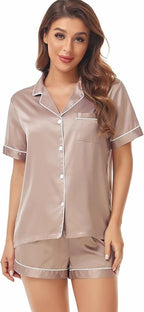 Serenedelicacy Women's Satin Pajama Set 2-Piece Sleepwear Loungewear Button Down Short Sleeve Silky PJ Set