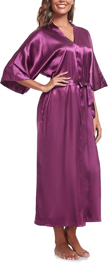 Womens Long Silky Robe Satin Kimono Robes Silk Bathrobe for Wedding Party Full Length Dressing Gown