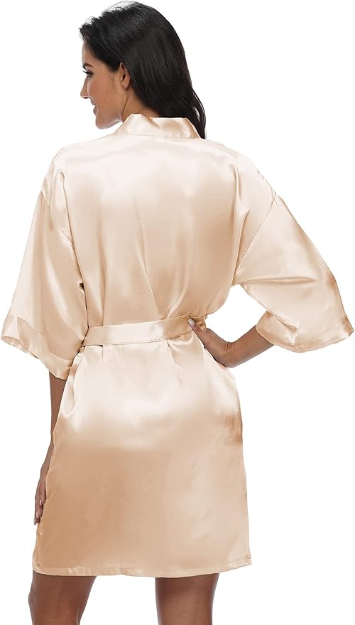Women's Satin Kimono Robe Wedding Getting Ready Silky Bathrobe Short Bridesmaid Dressing Gown
