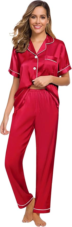 SWOMOG Women Satin Pajamas Set Short Sleeve Top & Pants Sleepwear Silky Button Down Nightwear 2pcs Loungewear Pjs Set