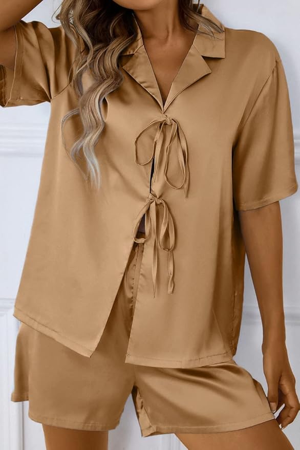 CHYRII Women's Silk Satin Pajamas Sets Tie Front Short Sleeve Tops and Shorts Two Piece Pj Sets Sleepwear