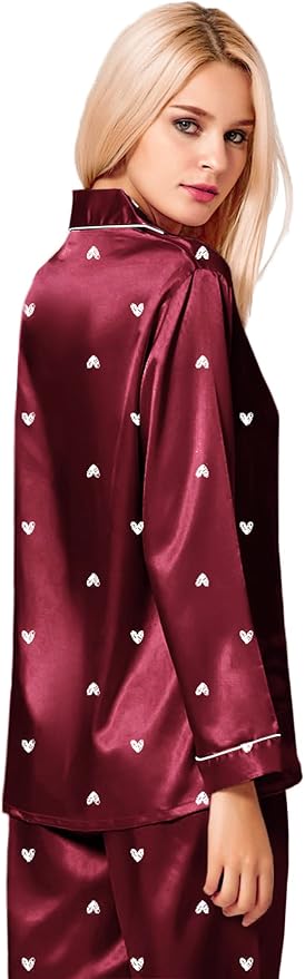 SWOMOG Womens Silk Satin Pajamas Set Long Sleeve Button Down Sleepwear 2 Piece Lounge Set Pj Set XS-3XL
