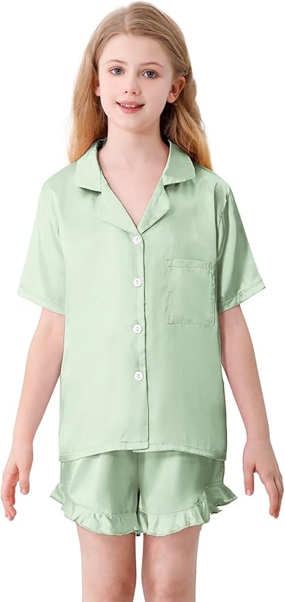Umeyda Girls & Women Satin Pajamas Set Button Down 2 Piece Silk Pjs Shorts Set Ruffle Sleepwear, 5 Years-Women L