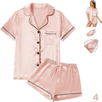 WJing Yi Jia 4Pcs Womens Satin Silky Pajama Sets Short Sleeve Shirt XS-4XL Floral Pajamas Set Soft PJ Loungewear Sleepwear