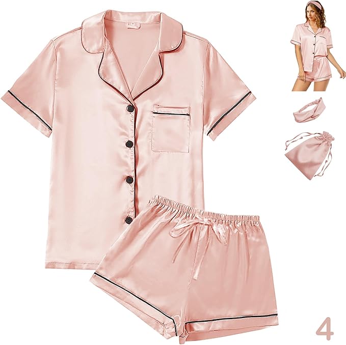 WJing Yi Jia 4Pcs Womens Satin Silky Pajama Sets Short Sleeve Shirt XS-4XL Floral Pajamas Set Soft PJ Loungewear Sleepwear